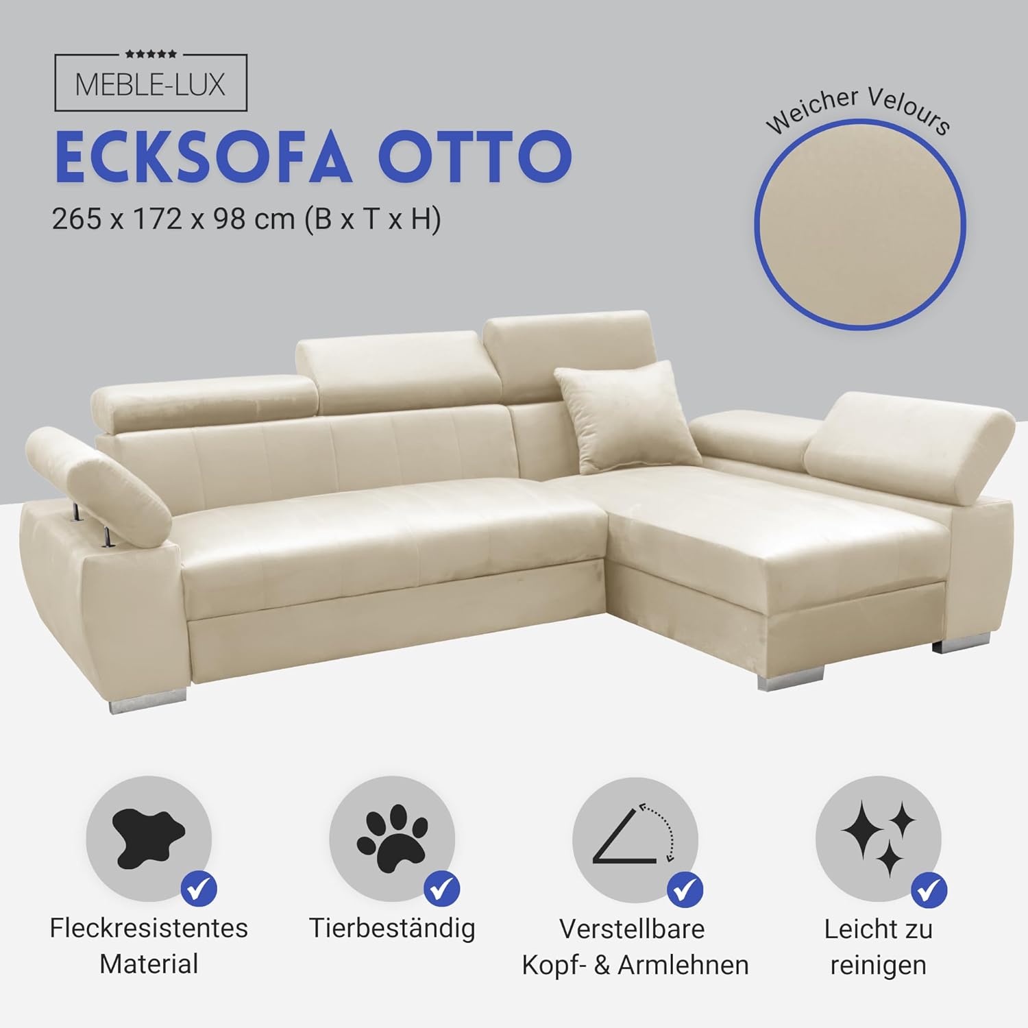 Ecksofa OTTO, Eckcouch mit Schlaffunktion, Federkern, Verstellbare Kopfstützen, Einfacher Klappmechanismus, Bettfunktion, Zusätzlicher Stauraum, Plüsch Beige, Rechts