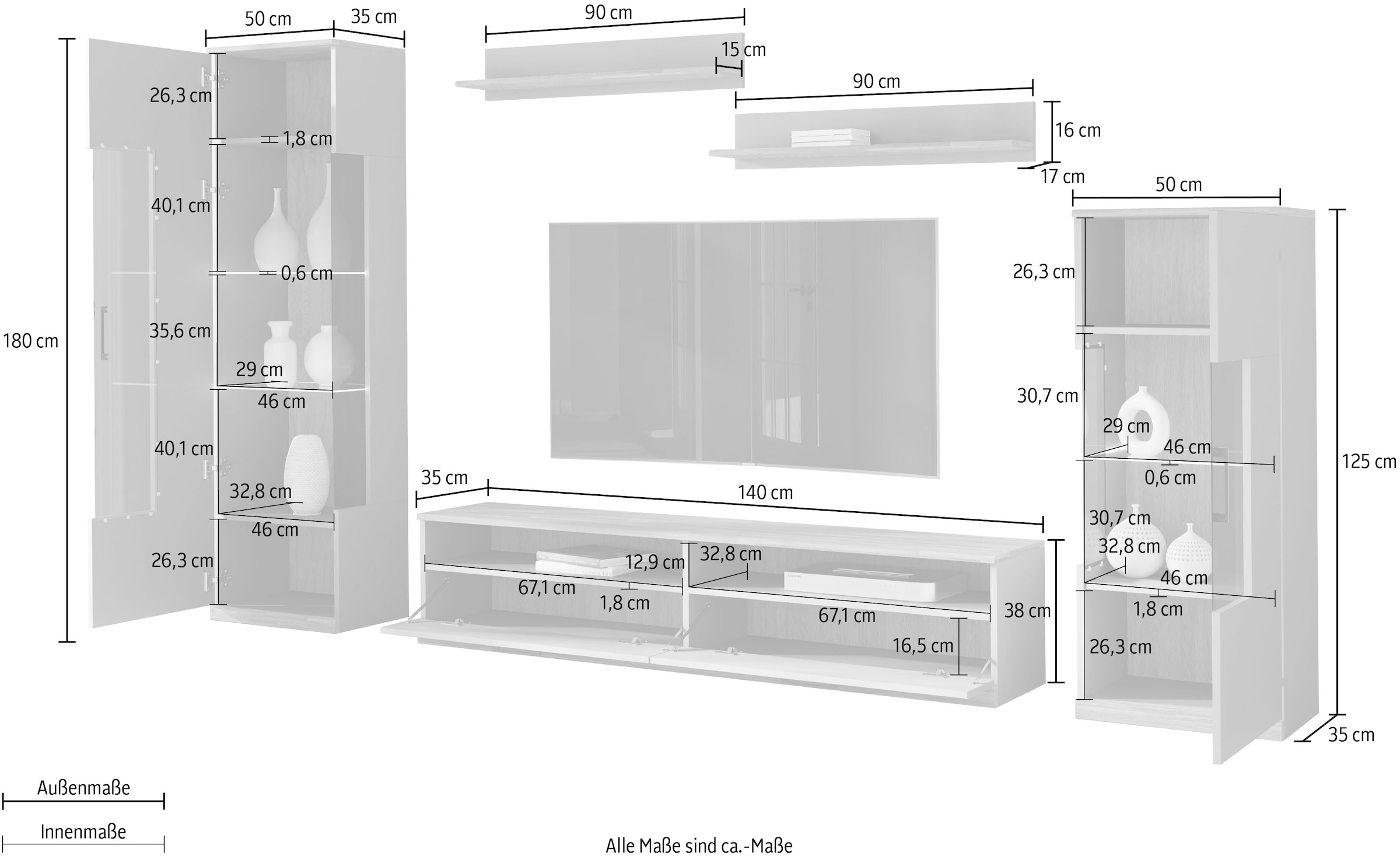 Home affaire Wohnwand »Ribe,Set-5 St.,Oberplatten Eiche massiv,viel Stauraum« 5 Stk. tlg.