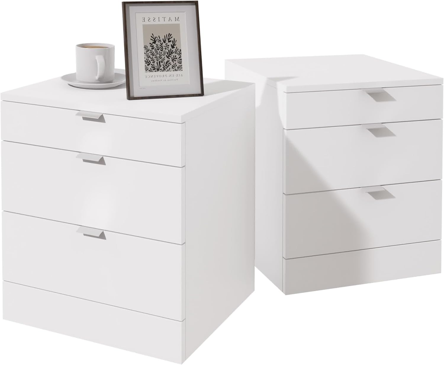 Garvis Nachttisch 2er Set, schmal, Beistelltisch mit 3 Schubladen Nachtschrank Schlichter Beistelltisch für Schlafzimmer, Wohnzimmer (Weiß)