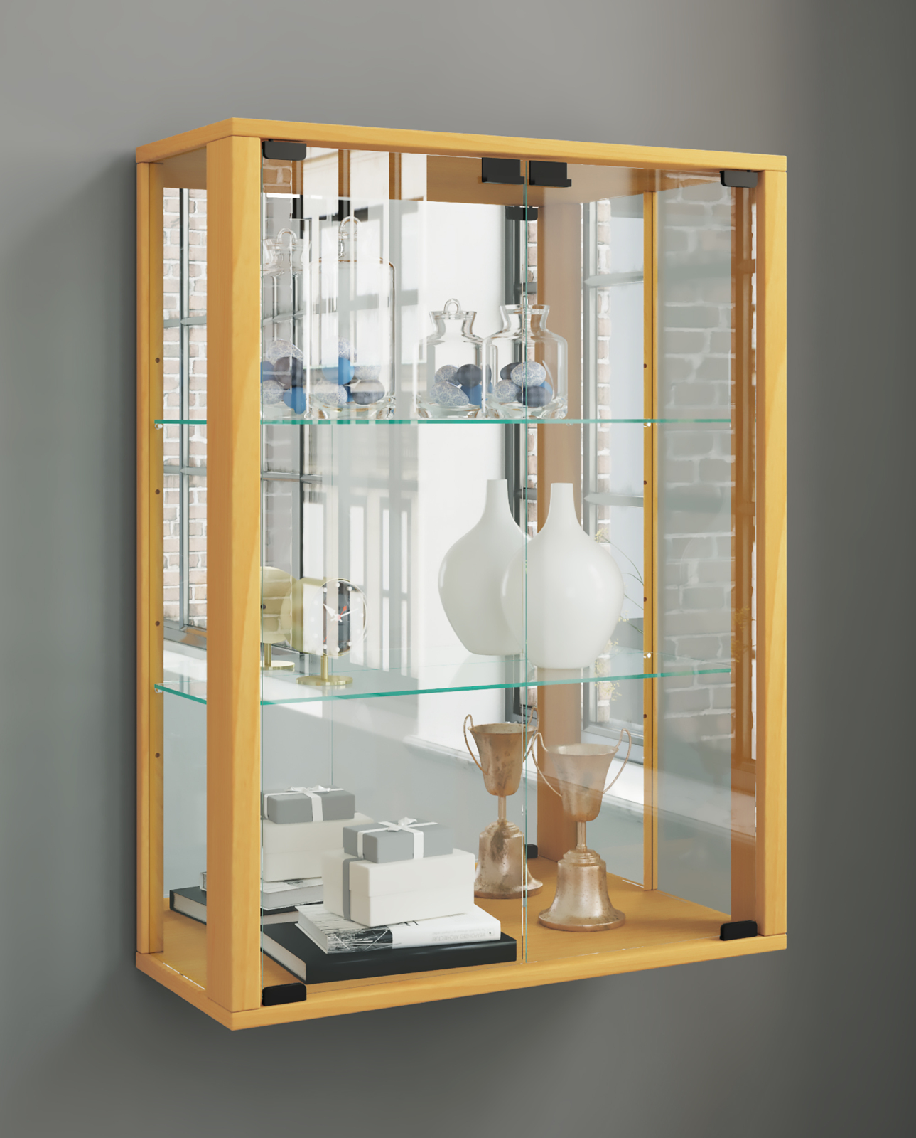 Wandvitrine UDINA - Buche - Rückwandspiegel - LED-Beleuchtung