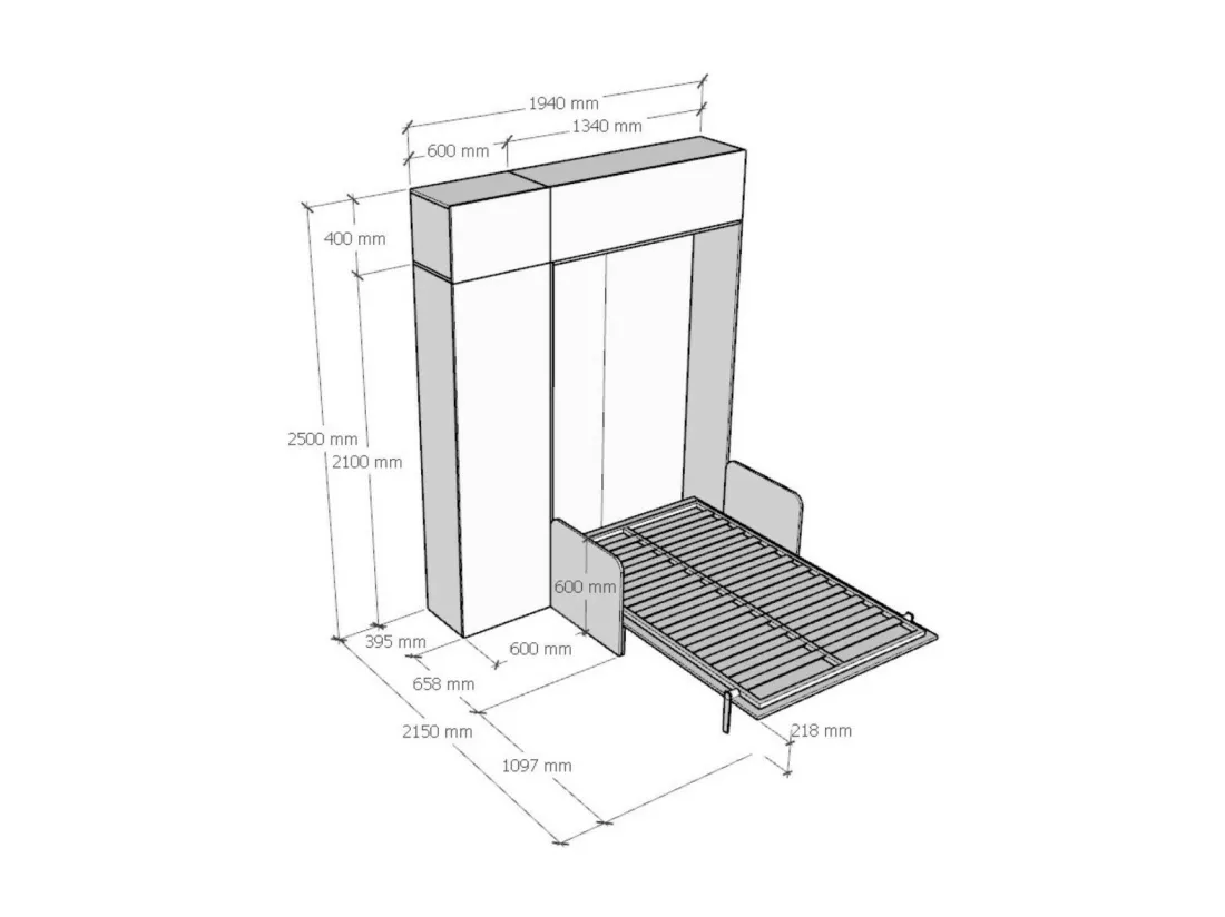Armoire lit 120x190 escamotable avec colonne de rangement et éléments hauts avec mobilier bois noyer Kanto