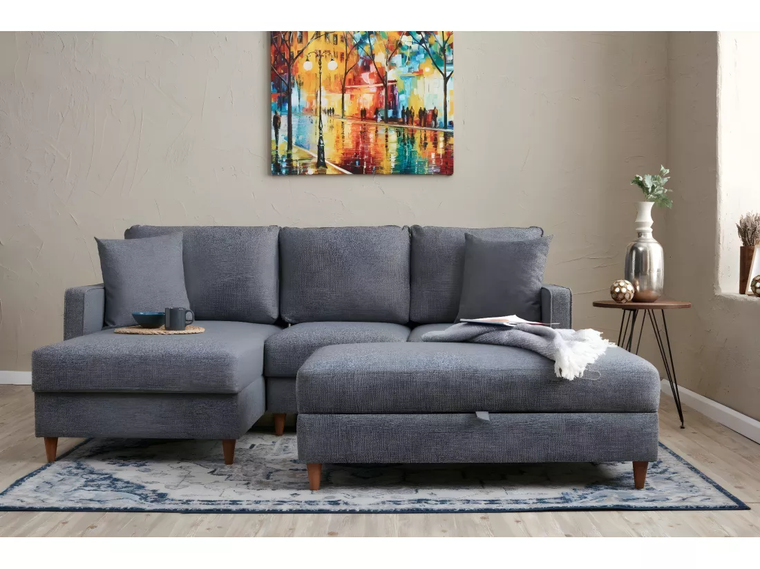 Canapé d'angle à gauche convertible avec pouf-coffre Evania Tissu Gris
