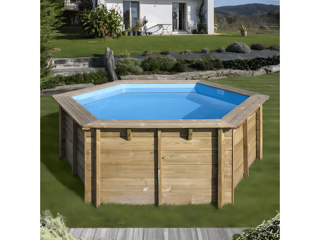 WATERCLIP - Piscine bois FSC hexagonale Ø395cm -v7.5m2 - Autoclave IV - Liner 60/100 - Rainurée languette - Filtration 4m3/h + Echelle - EWEN
