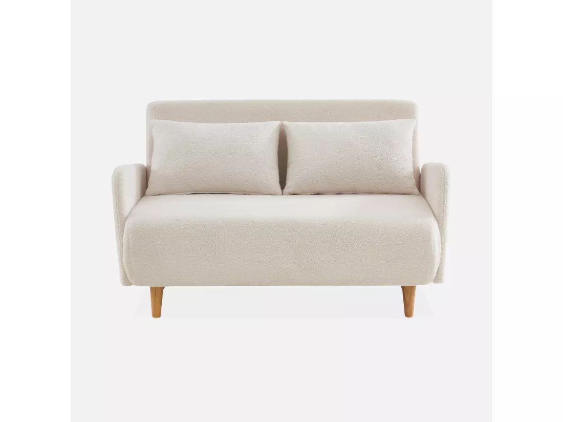 Canapé convertible 2 places scandinave - Panam - pieds bois. bouclettes blanches. banquette. dossier inclinable