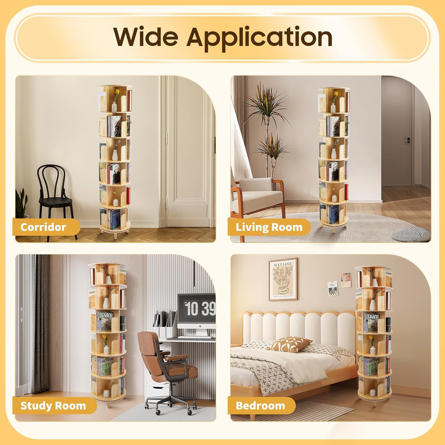 6 Ebenen Drehbares Bücherregal 360 ° Massivholz Bodenstehendes Bücherregal Multifunktional Standregal für Kinder und Erwachsene 50KG Tragkraft Pro Etage Holz Regal für Büchern, Fotorahmen