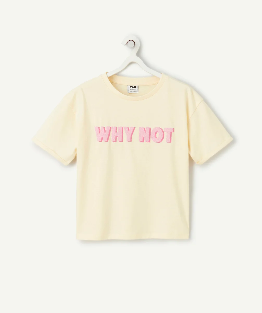 t-shirt manches courtes fille en coton bio jaune avec message en relief