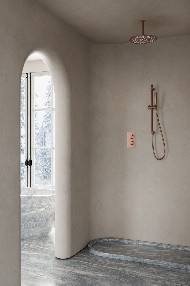 Saniclear Copper inbouw regendouche met 30cm hoofddouche, plafondarm en glijstang geborsteld koper