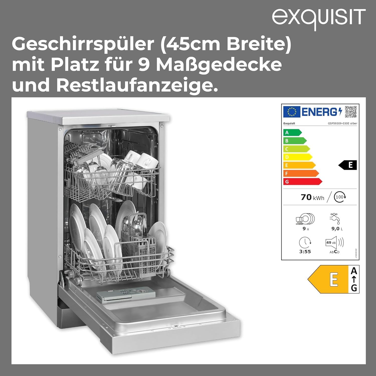 Exquisit PLUS Geschirrspüler | 9 Maßgedecke, Energieeffizienzklasse E, 49 dB(A) | schmal, kompakt, 7 Programme, Eco, Intensiv, Kurz, Extra-Trocknung, Startzeitverzögerung | GSP59309-030E silber