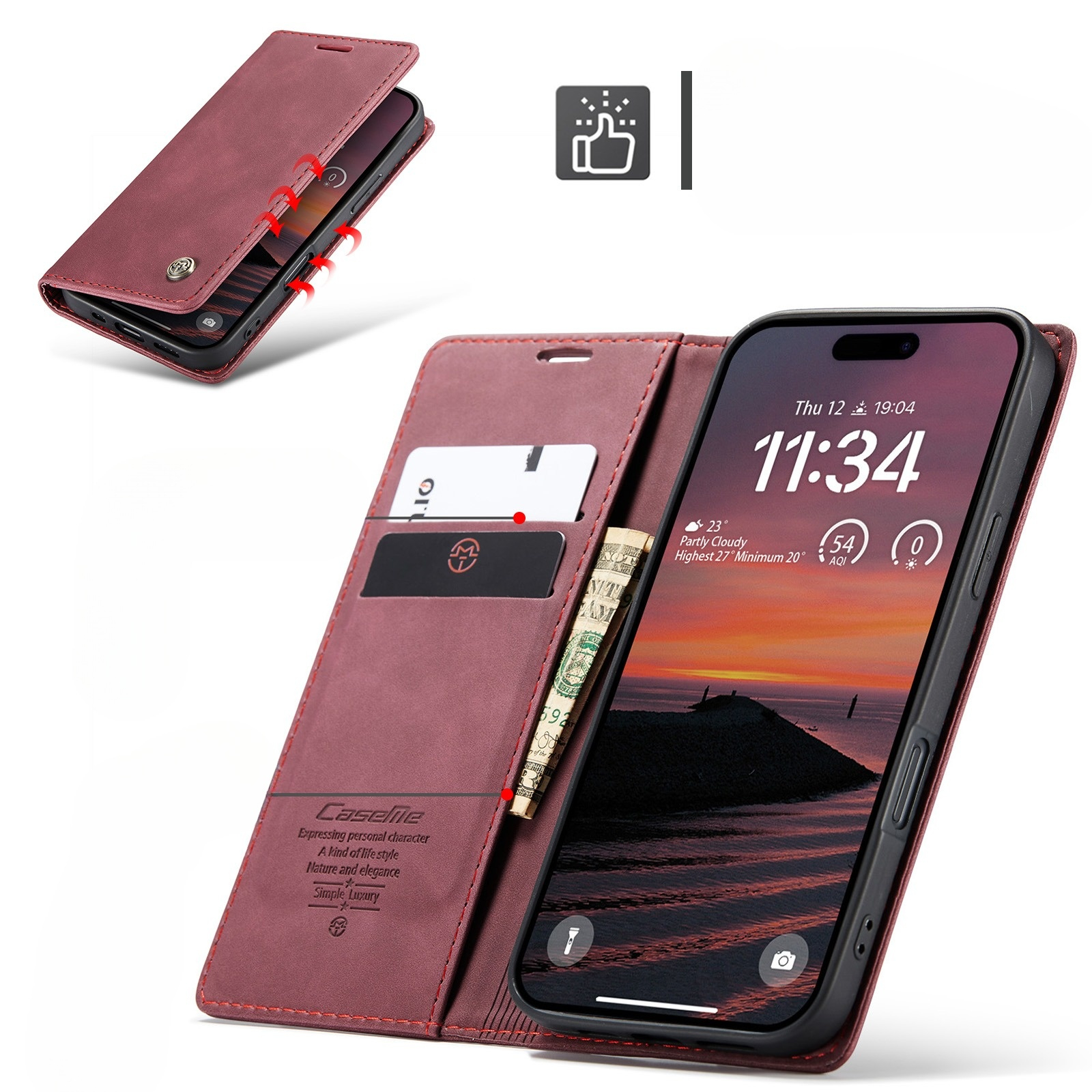 iPhone 17 Pro Max Leder Tasche Flip Wallet Etui mit Kartenfächern - Rot