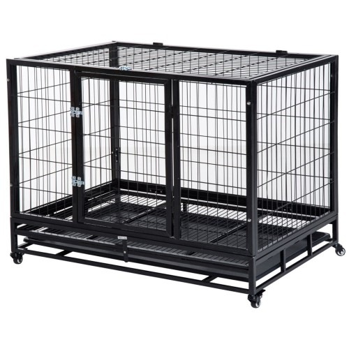 Gaiola para cães Pawhut em metal preto com rodas.