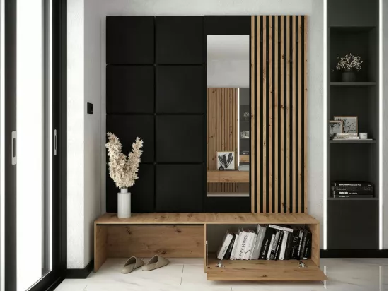 Meuble d'entrée Hartford 322, 205x172x42cm, Miroir, Chêne Artisan|Noir, À poser