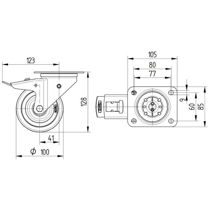 TENTE 360 Blue Wheel zwenkwiel met rem en fixeerinrichting 100mm