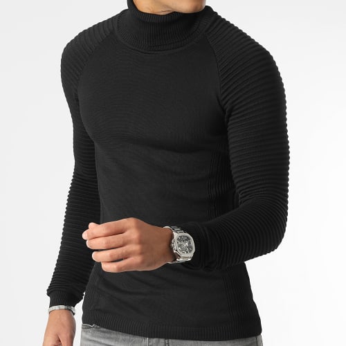 Pull Col Roulé Avec Empiecement Uni JUM-12 Noir
