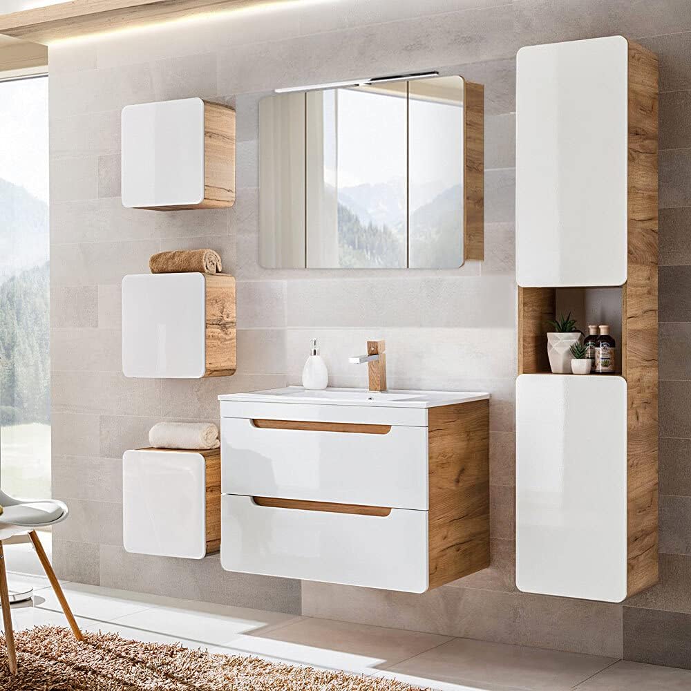 Lomadox Badezimmermöbel Set 80 cm Waschtisch & LED-Spiegelschrank, Hochglanz weiß Wotan Eiche Nb., Hochschrank, 3 Hängeschränke