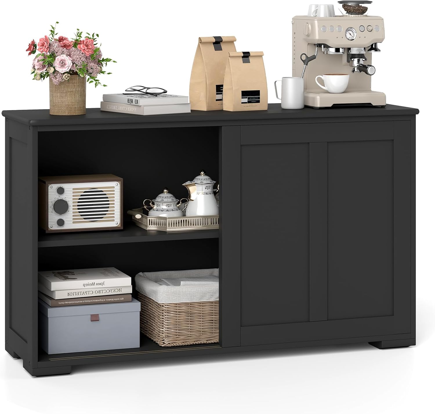 GIANTEX Sideboard mit Türen, Küchenschrank Anrichte mit höhenverstellbarer Ablage, Kommode Beistellschrank aus Holz, Küchenkommode Anrichteschrank Aufbewahrungsschrank Küche, 106,5x33x62,5 cm, Schwarz
