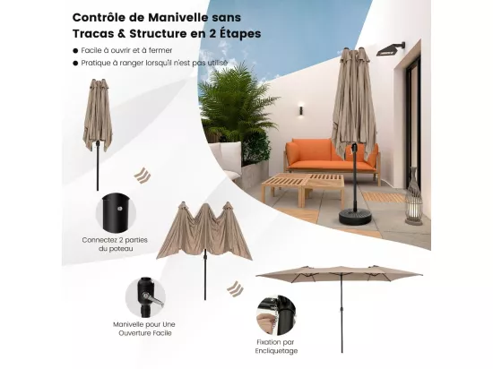 Parasol de Jardin Double XXL 426 x 265cm Poignée à Manivelle,Sommet Ventilé Polyester Structure Métallique à 10 Côtes Café