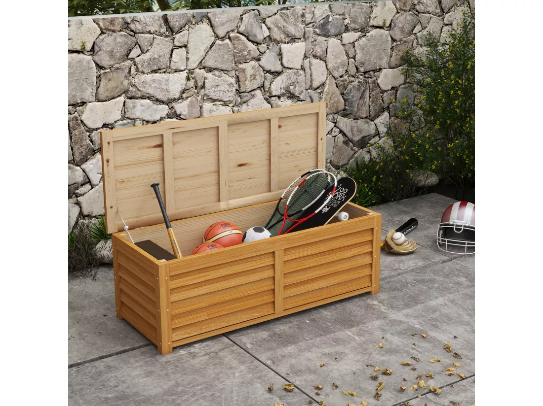 Coffre de rangement extérieur 176L - dim. 130L x 50l x 45H cm - poignée - bois marron