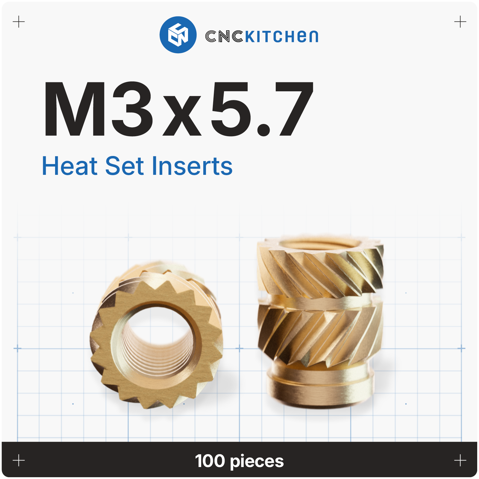 CNC Kitchen  Gewindeeinsatz M3 Standard, M3x5,7 (100 Stk)    Präzisionsgefräste Inserts aus Messinglegierung