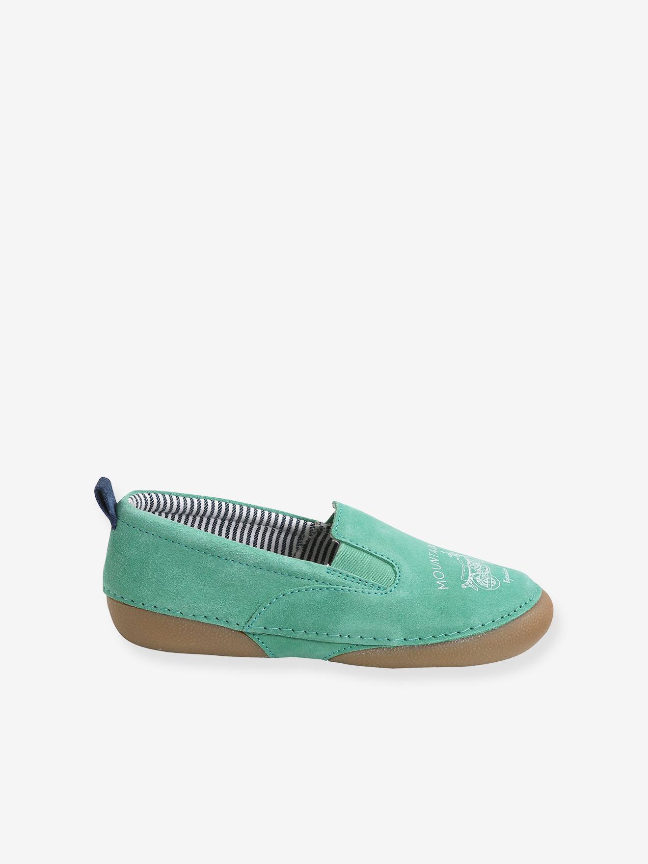 Pantufas de couro elástico para meninos, verde-escuras lisas com estampas.