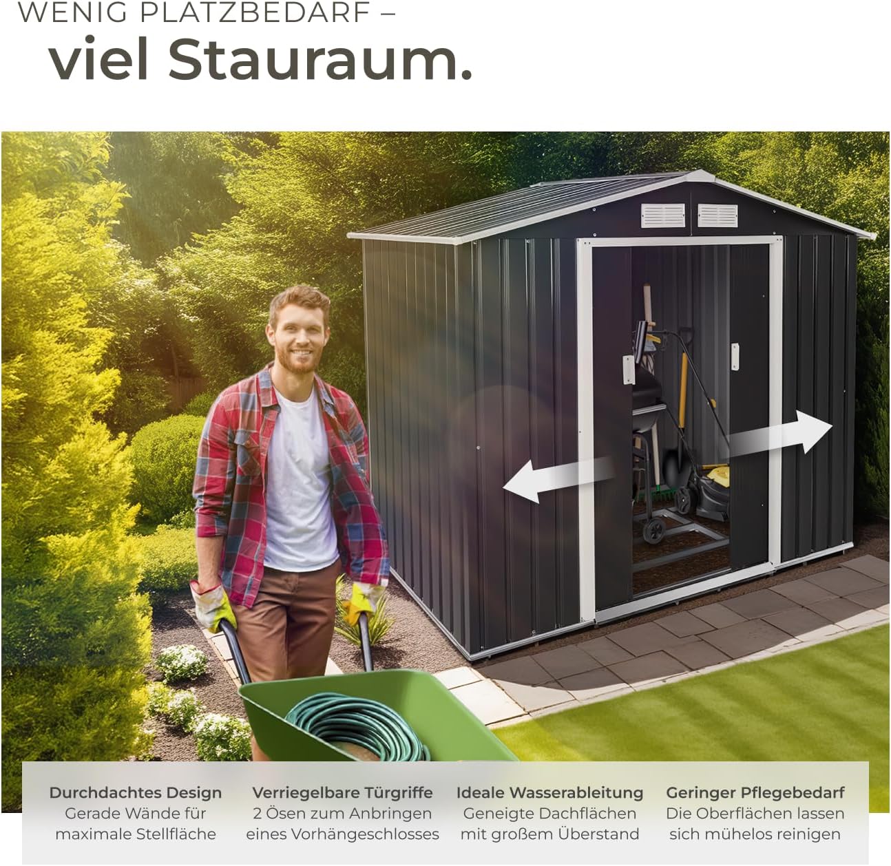 tectake® Metall Gartenhaus mit Satteldach, Geräteschuppen Garten mit Schiebetür, Gerätehaus mit Metallfundament, als Gartenschuppen, Gartenhütte oder Fahrradgarage, 4 m³ Lagerfläche - grau/weiß