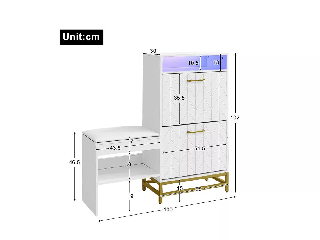 Meuble à chaussures avec LED - 1 banquette + 2 portes abattants + 2 compartiments - Blanc