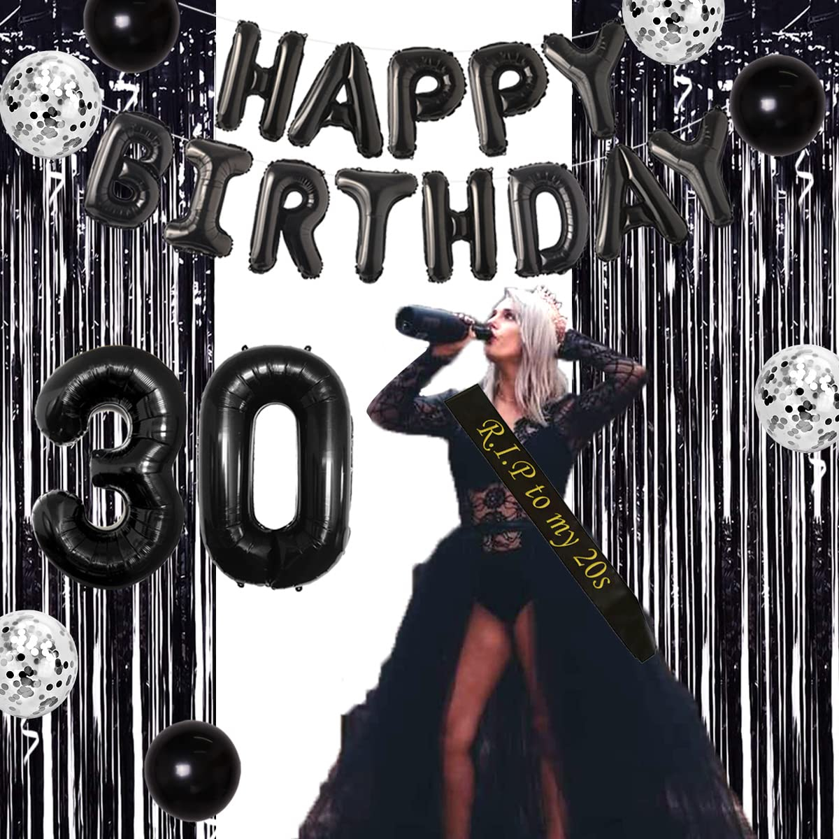 (21-tlg. Set) Happy Birthday Girlande R.I.P Twenties 30. Geburtstag Party Deko Grusel Grabstein Latex- und Folienballons / Lametta Vorhang - Schwarz