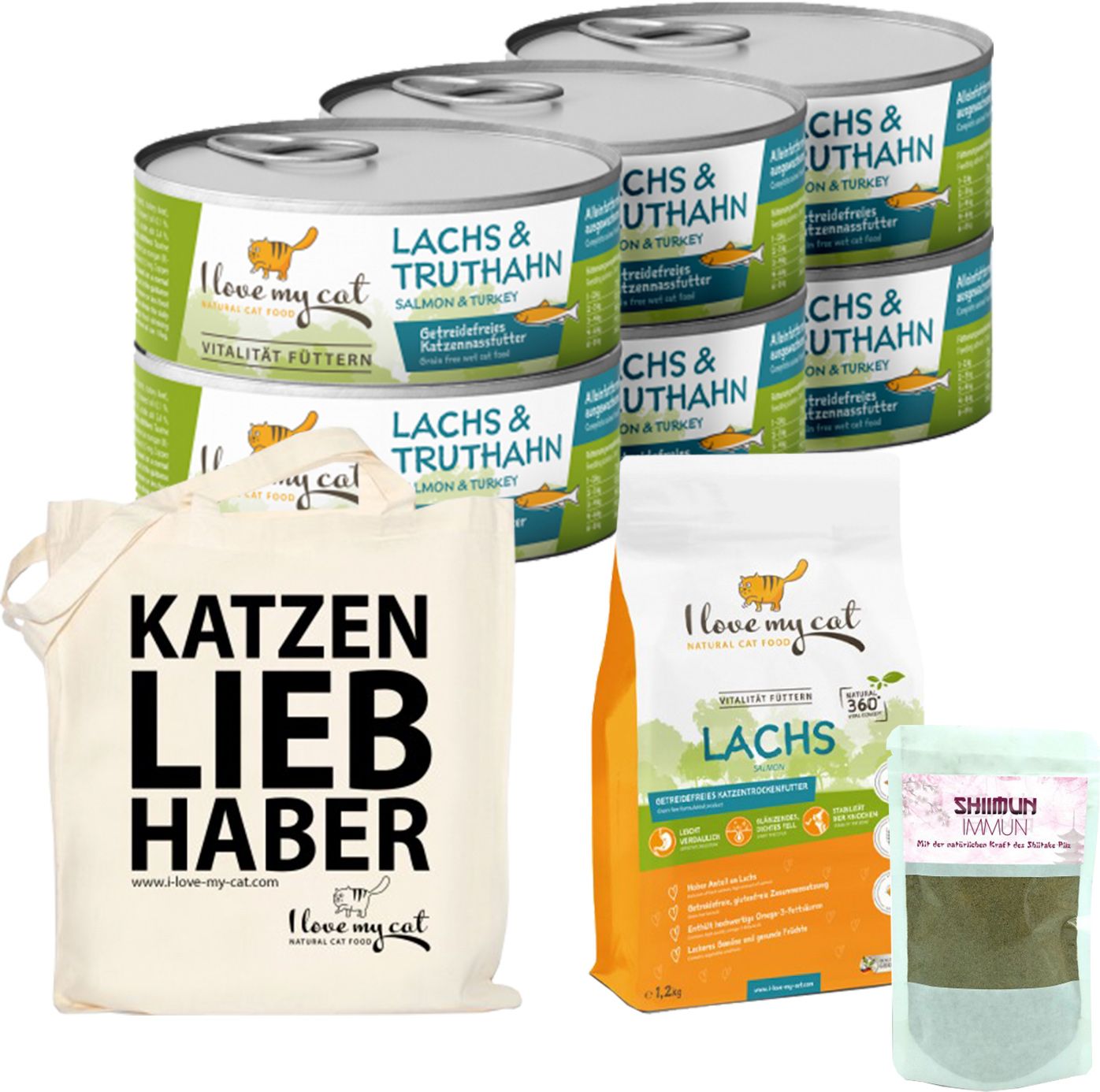 I love my cat Sparset für German Rex Nassfutter und Trockenfutter mit Lachs und Truthahn