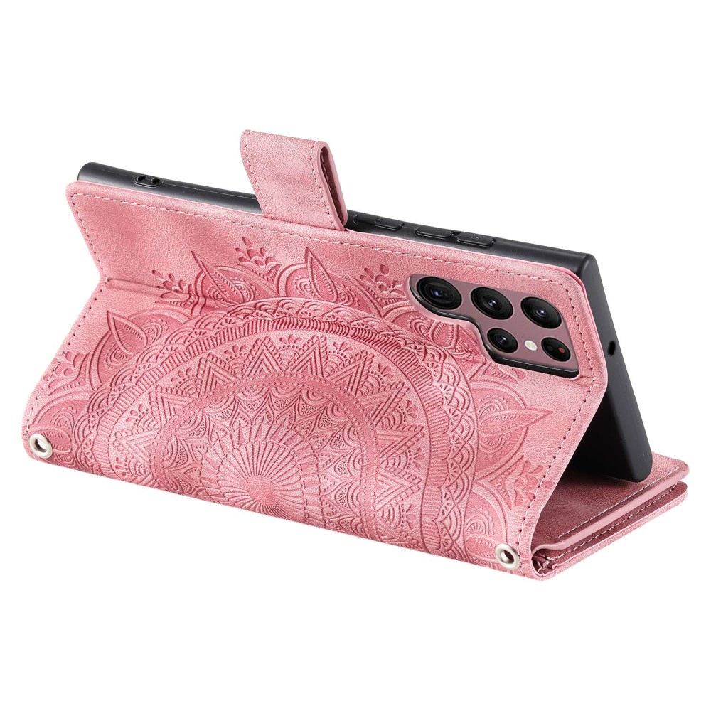 Samsung Galaxy S23 Ultra 5G Leder Tasche Flip Cover mit Reissverschluss - Mandala Flowers Imprint - Rosa