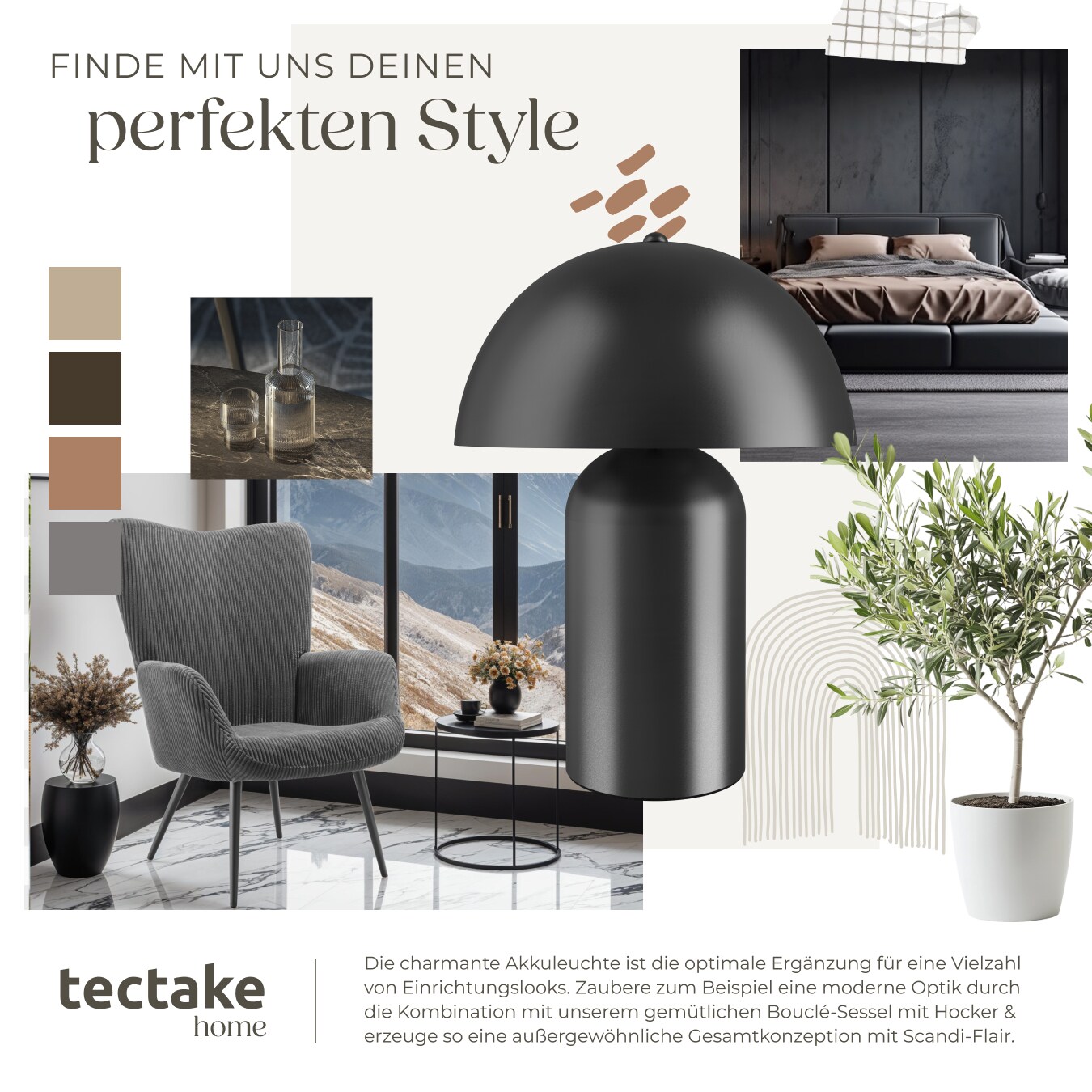tectake® Akku-Tischlampe, Retro-Pilzdesign im 70er-Jahre-Stil, indirektes Licht, Touchschalter, inkl. Ladekabel, 25 x 34 cm