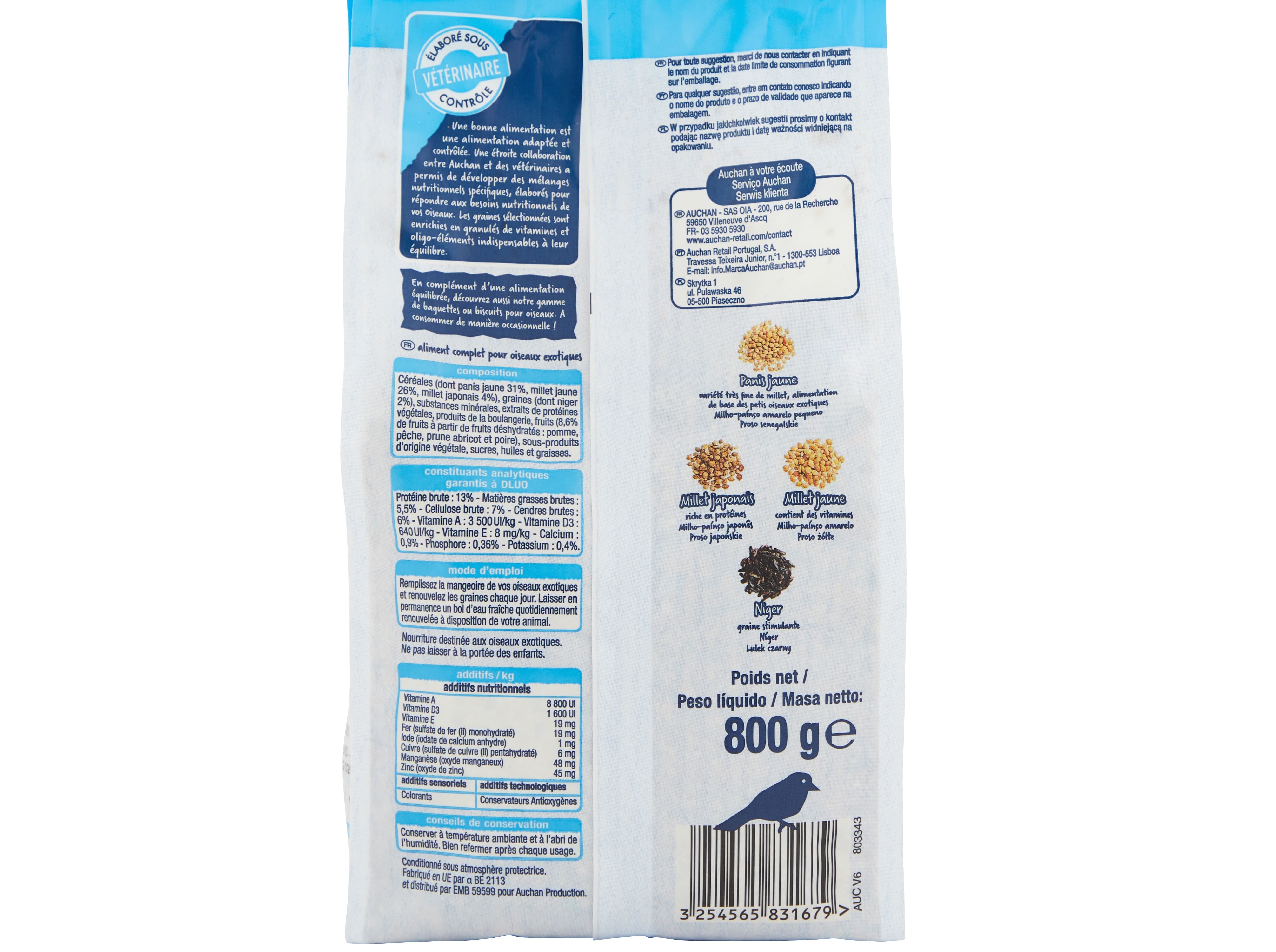 COMIDA PARA PÁSSAROS EXÓTICOS AUCHAN MENU COMPLETO 800G