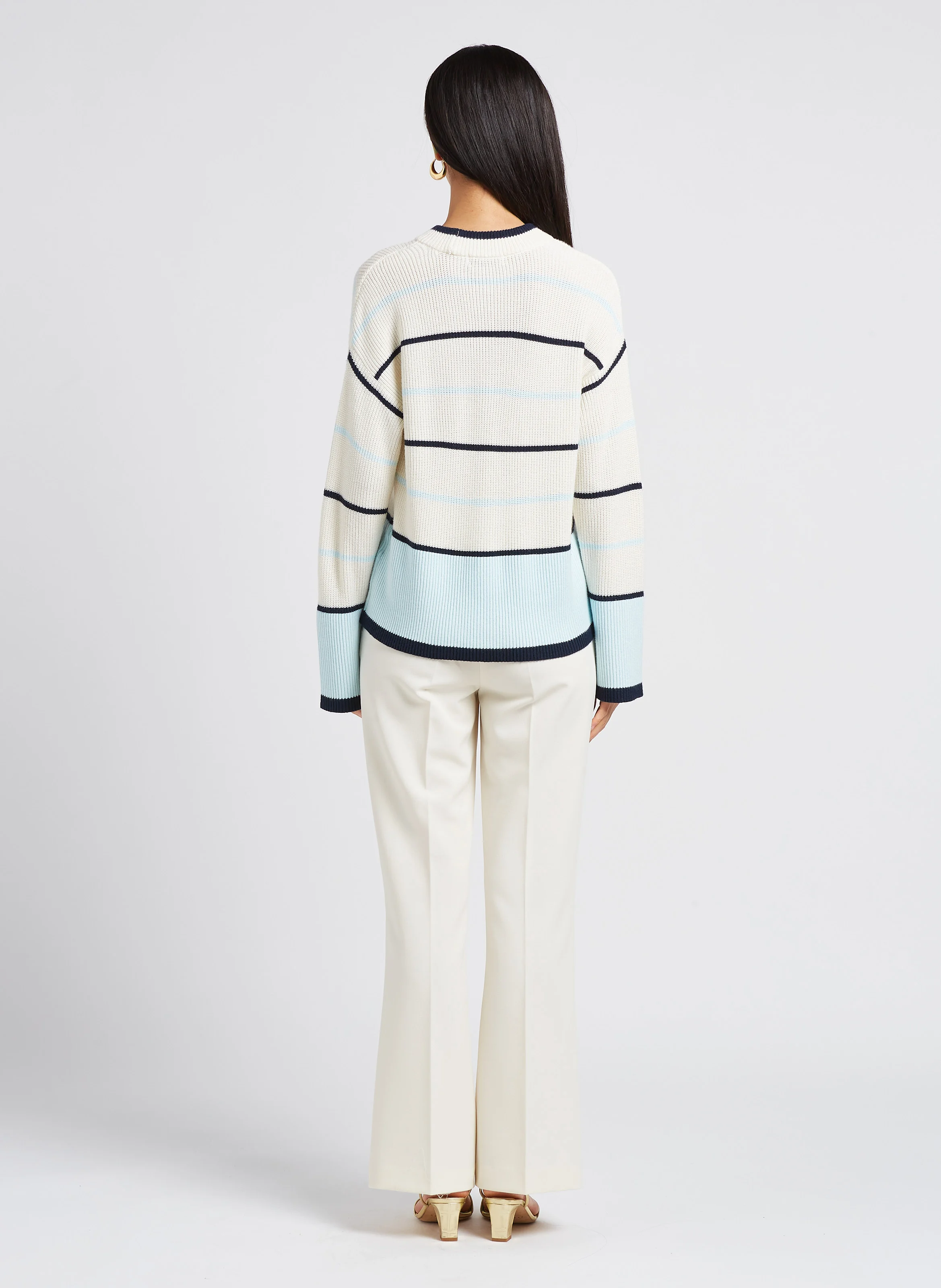 KAINA - Pull col rond rayé en maille mélangée| Blanc