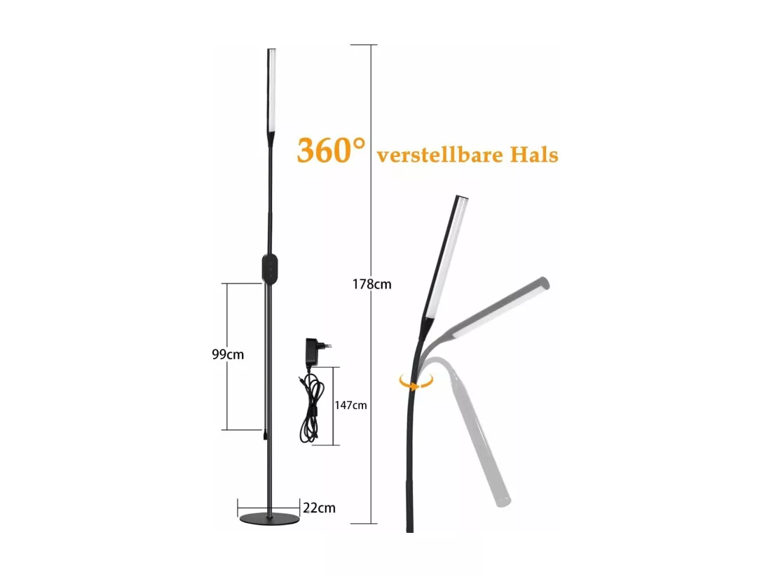 NETTLIFE Lampadaire LED dimmable Noir - 178CM Moderne Lampe sur pied Touch Control Design Salon avec minuterie et fonction mémoire Lampe de lit
