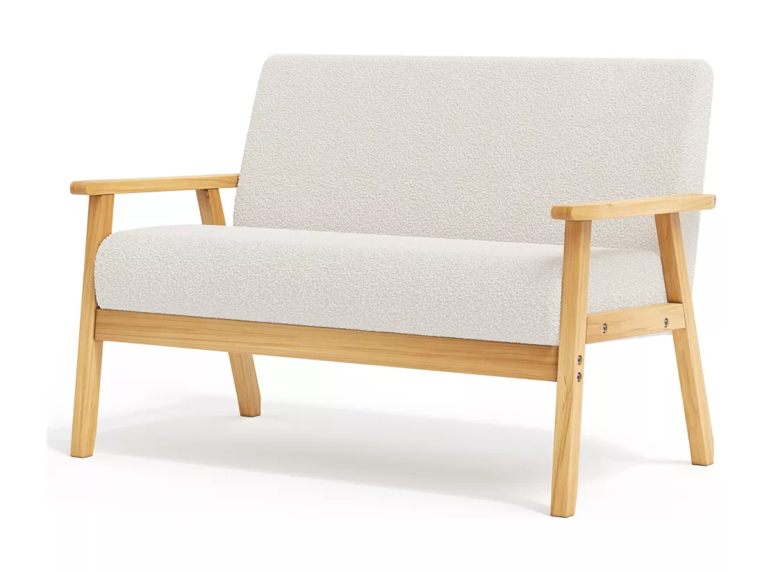 Canapé 2 places salon moderne, en Polaire Teddy, cadre en bois, Beige, 107x60x76cm