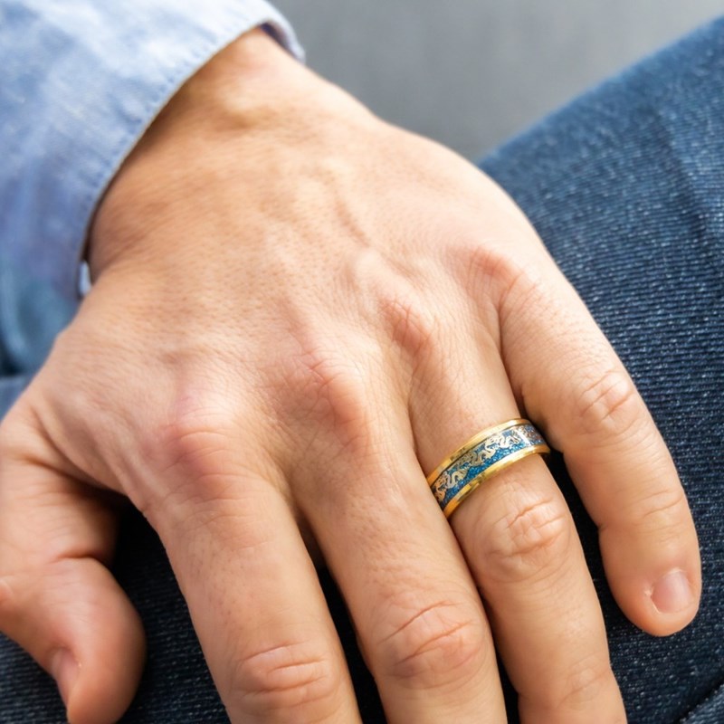 Eclatante Bague Anneau Homme Acier Doré Dragon