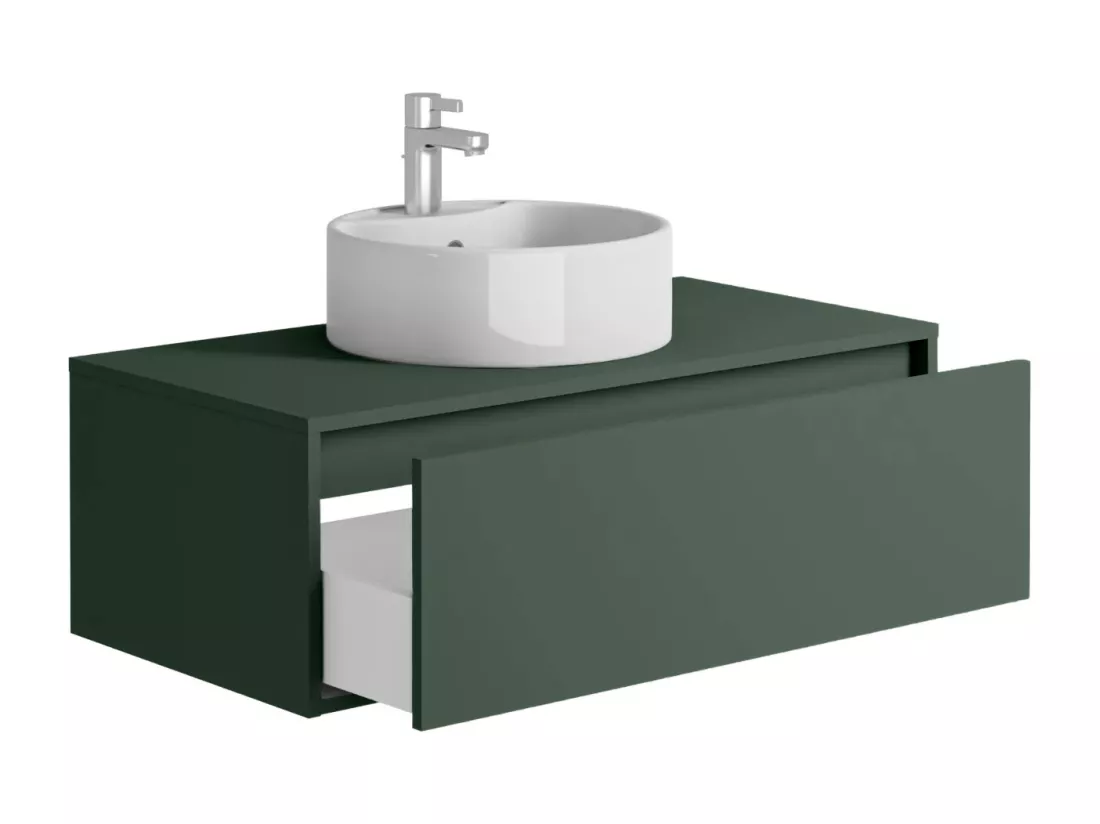 Meuble de salle de bain suspendu vert mat avec simple vasque ronde - 94 cm - TEANA II