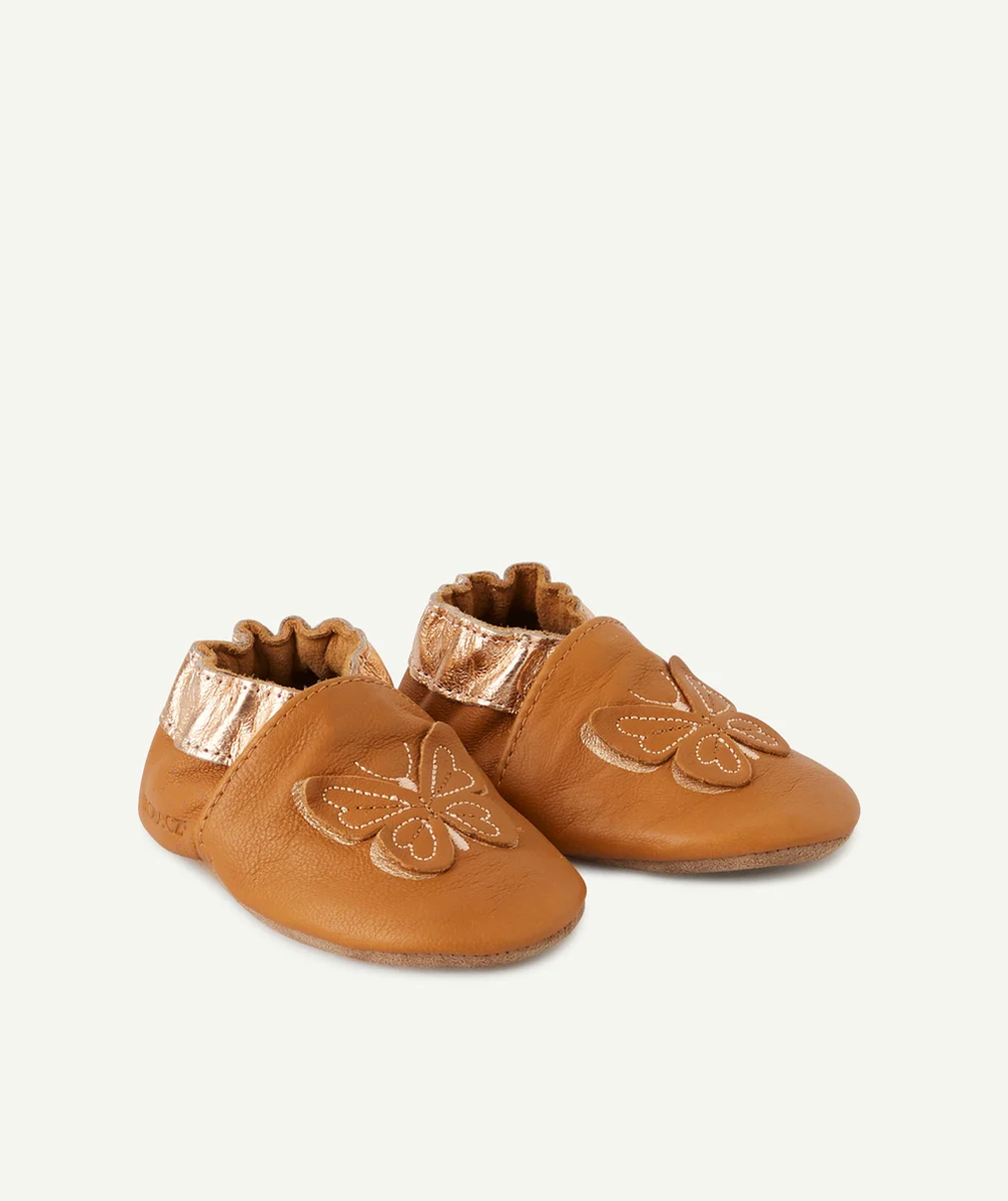 ROBEEZLES CHAUSSONS CAMEL ET COULEUR DORÉE EN CUIR AVEC PAPILLONS