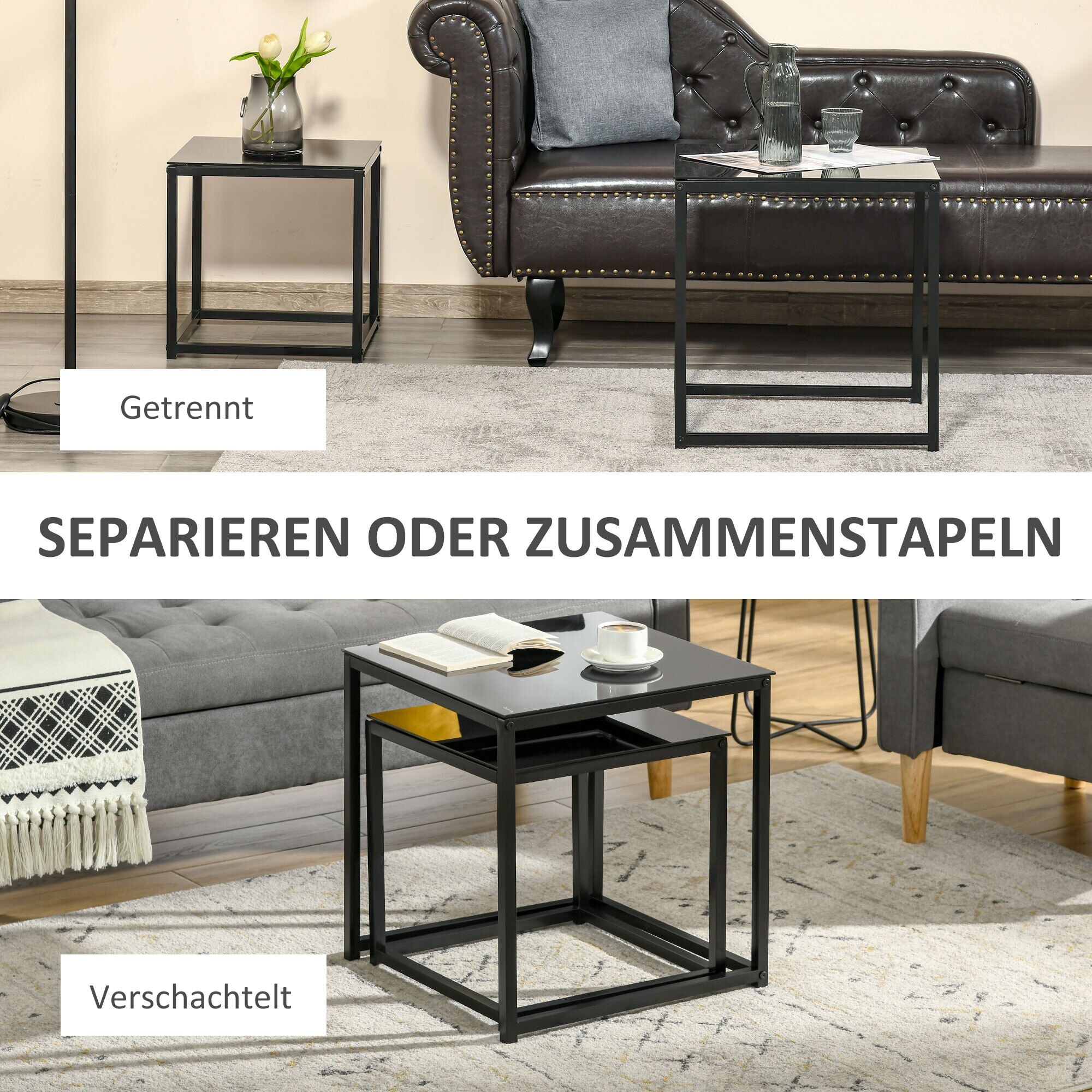 HOMCOM Couchtisch-Set mit Glastischplatte schwarz 50L x 50B x 52H cm