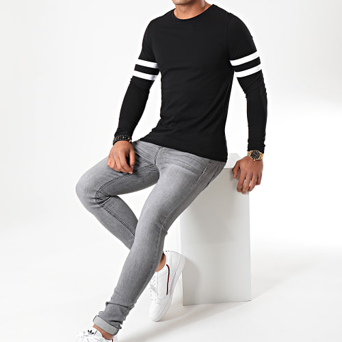 Tee Shirt Manches Longues Avec Bandes Blanches 887 Noir