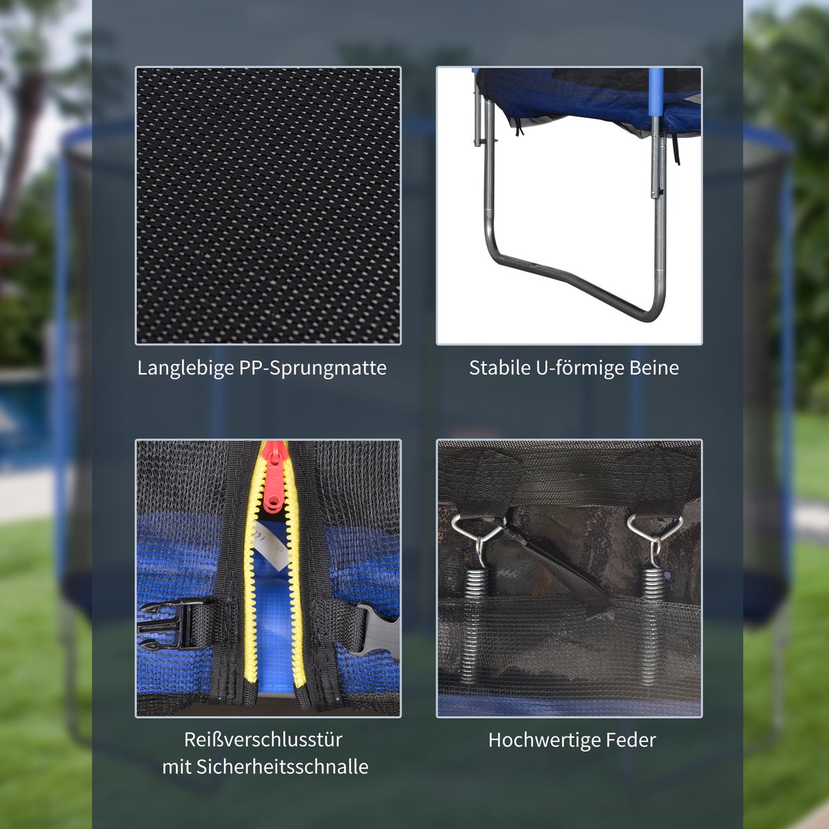 HOMCOM Trampoline met veiligheidsnet, tuintrampoline voor binnen en buiten, fitnesstrampoline voor kinderen en volwassenen, staal, blauw+zwart, tot 113,6 kg, Ø305 x 248H cm