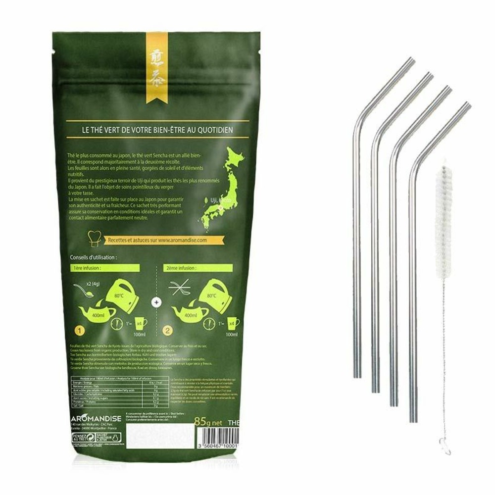 Thé vert bio sencha japonais + 4 pailles en inox