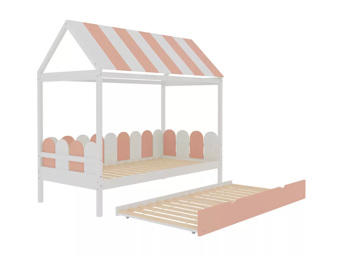 Lit gigogne cabane 2 x 90 x 190 cm avec toit et barrières - bois massif - rose + blanc