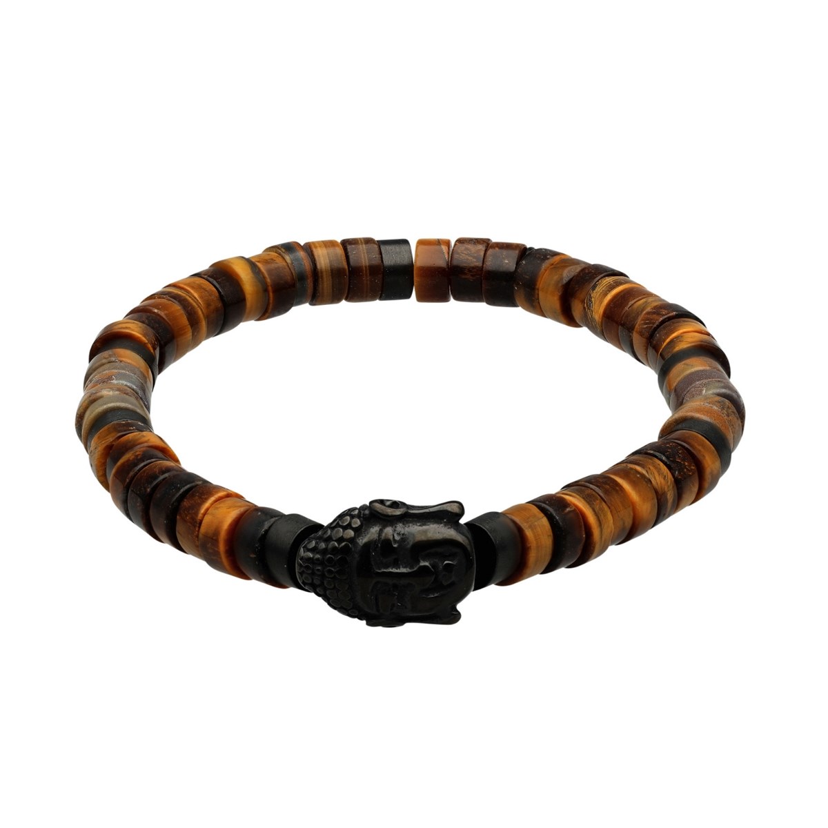 Bracelet Perles Heishi Pierres Naturelles oeil De Tigre Bouddha Acier Noir-XS-14cm