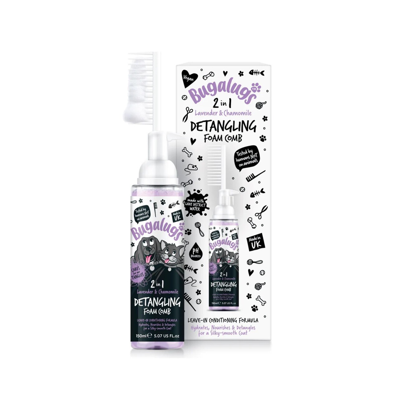 Bugalugs Fellentwirrungsschaum mit Kamm Lavendel & Kamille 150 ml