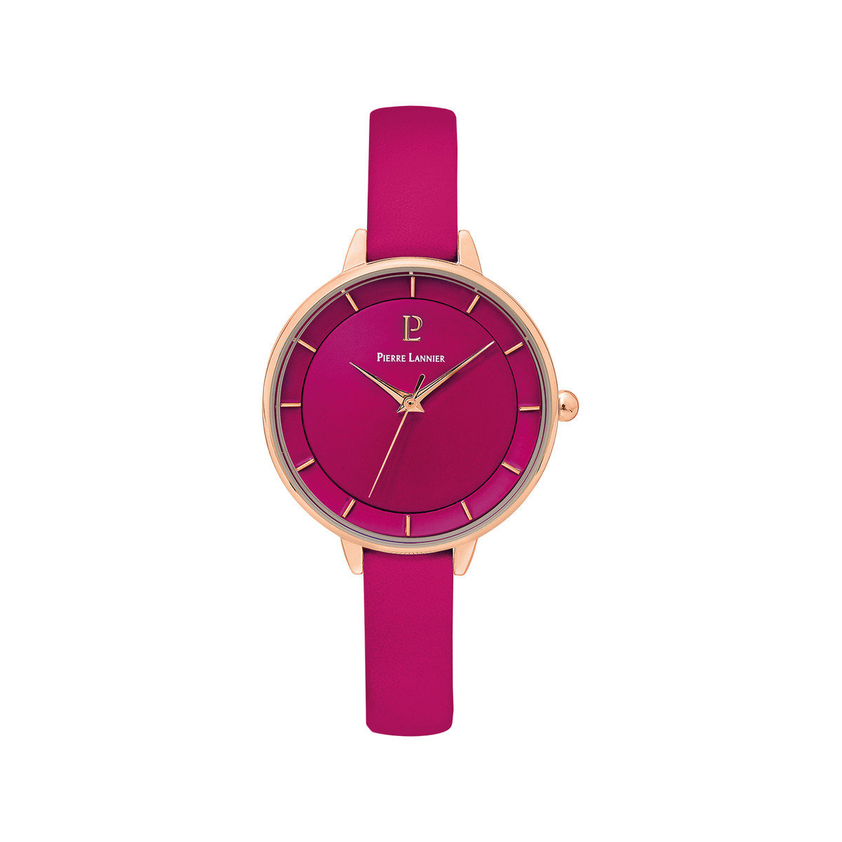 Montre PIERRE LANNIER femme acier doré rose bracelet cuir framboise