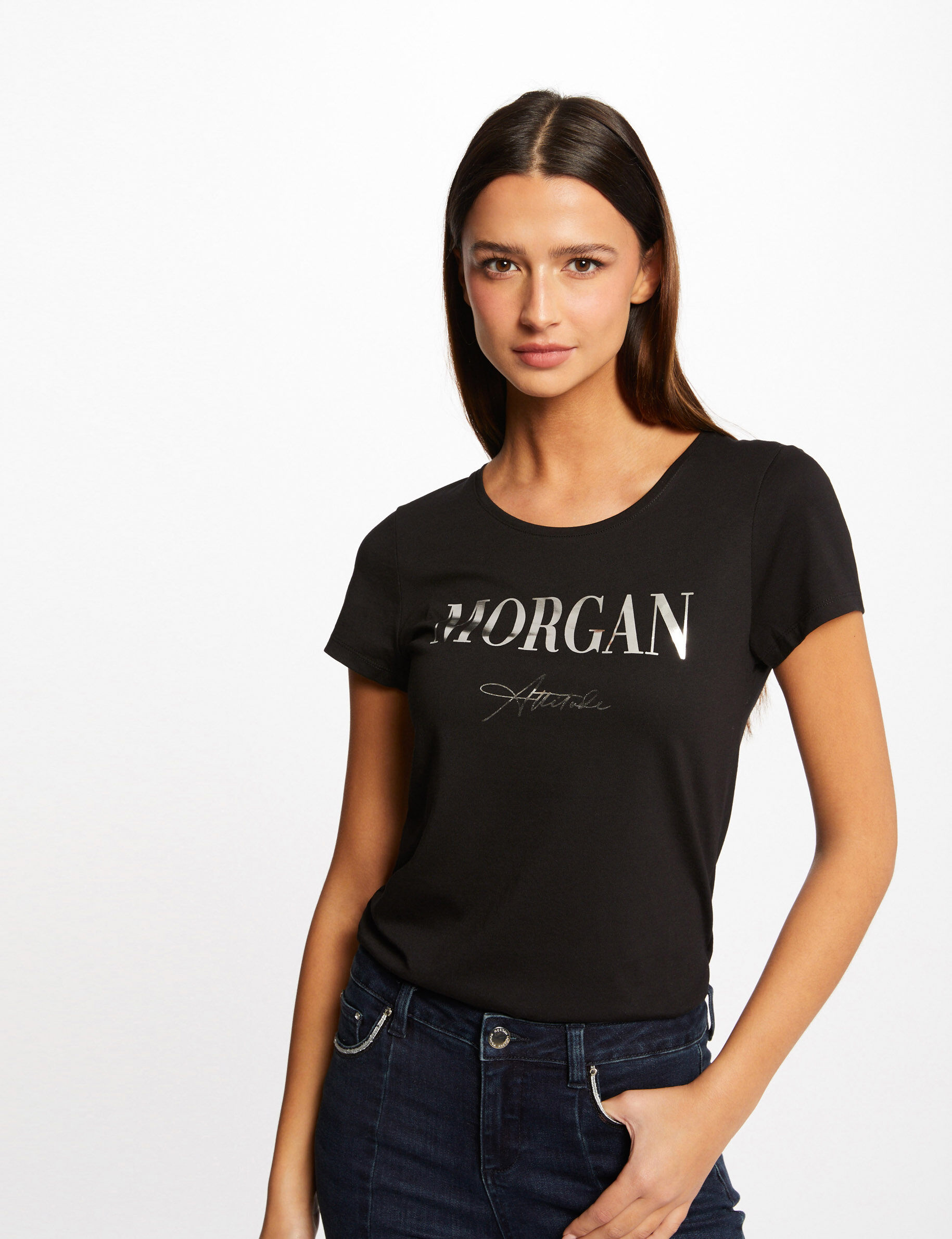 T-shirt manches courtes à inscription noir femme - noir