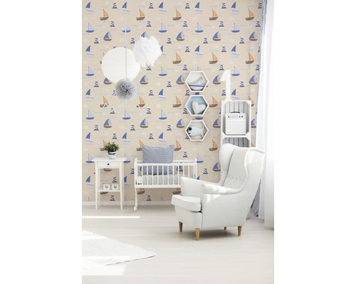 Papierbehang 93554-8 Jongens & Meisjes 2018 scheepsmotieven crèmekleurig
