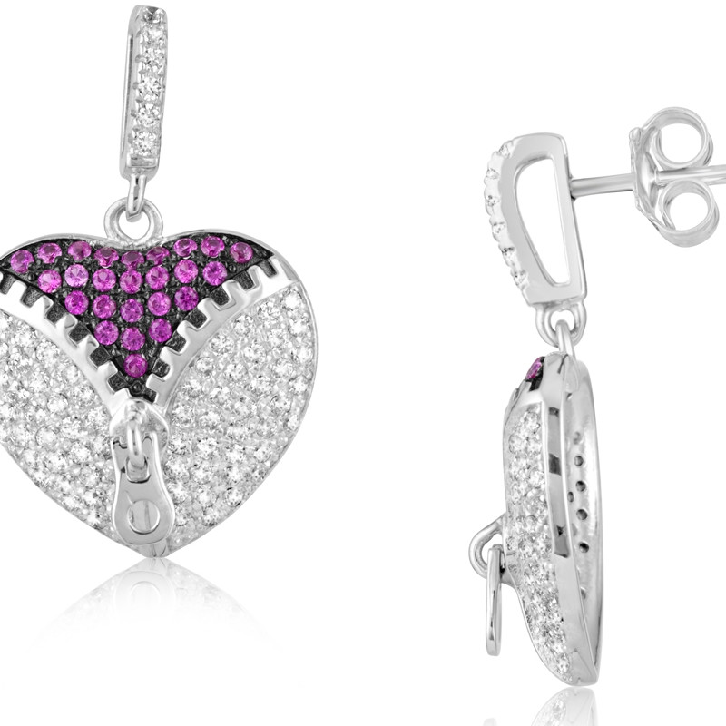 Boucles d'oreilles Coeur en Argent 925 orné de 206 Cristaux Swarovski Zirconia Blancs et Roses