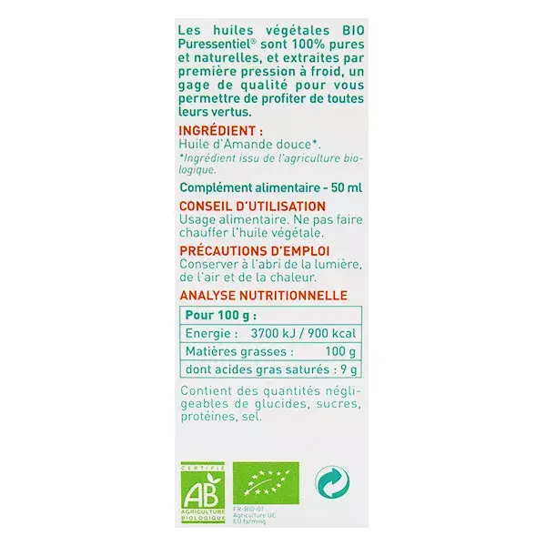 Óleo Vegetal de Amêndoas Doces Orgânico Puressentiel 50ml