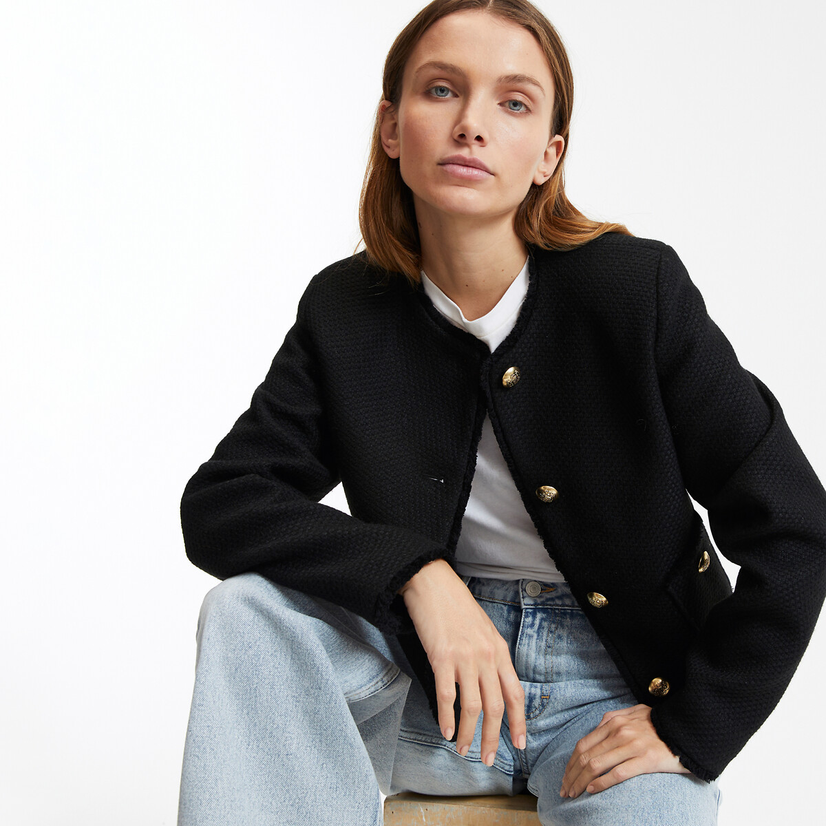COLEÇÕES LA REDOUTE<br>Jaqueta de tweed com mangas compridas e gola redonda