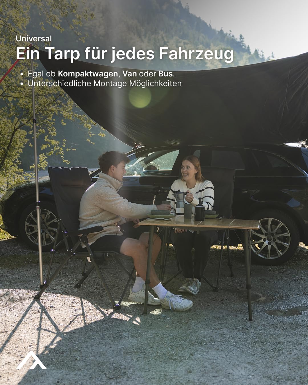 qeedo Motor Tarp Universal - für jedes Fahrzeug (3 Montage-Optionen) - UV-Schutz (UV80) Sonnensegel - inkl. Aufstellstangen, Saugnäpfe, Heringe und Abspannbänder - Für Camper, Campingbus, PKW
